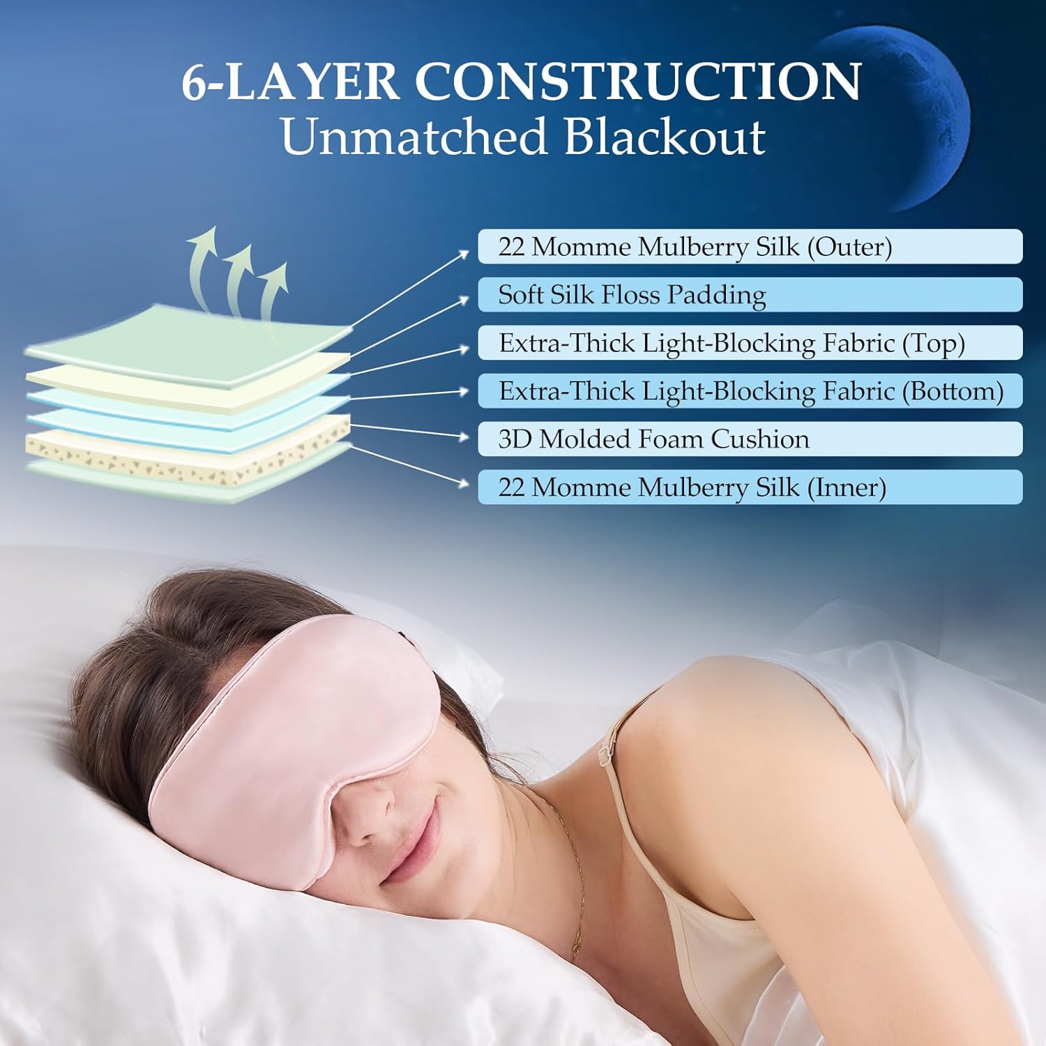 100% 22 Momme Mulberry Silk Sleep Mask with Adjustable Strap, 3D Contoured Cup Silk Eye Mask for Sleeping, Total Black Out, Pink - Image 3