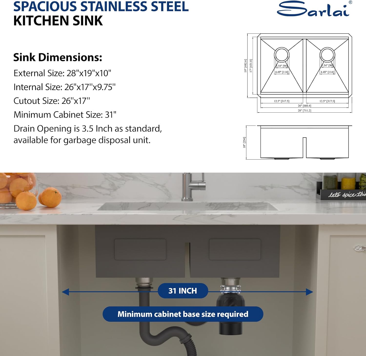 Sarlai 28 Undermount Kitchen Sink Double Bowl - 28x19 Inch Undermount Sink Stainless Steel 16 Gauge Ledge Workstation Sinks Low Divide 50/50 Double Basin Under Counter Kitchen Sinks