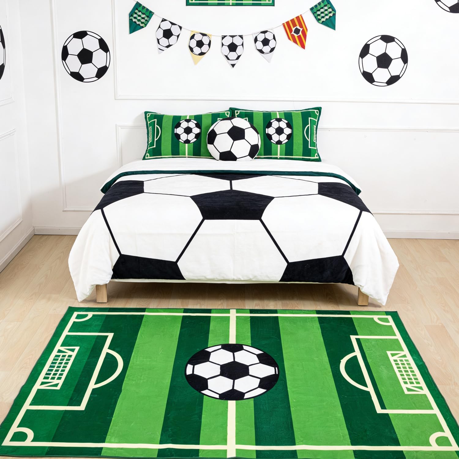 Soccer Field Area Rug Football Themed Carpet for Bedroom Playroom Green Sports Decor Mat with Soccer Ball Design Non-Slip Soft Floor Rug 3' x 5'