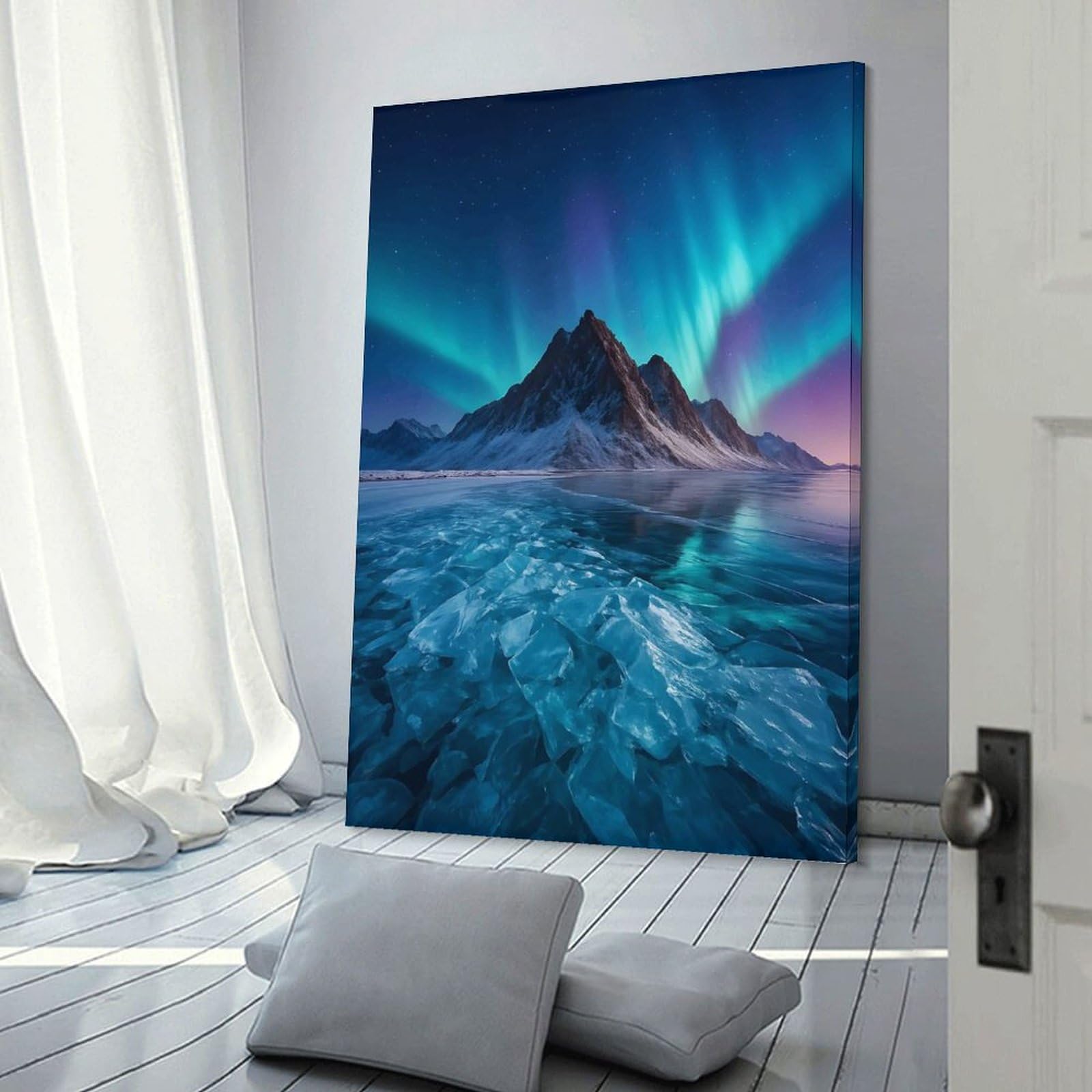 Junmoney Hanging Wall Art Aurora Borealis over Frozen Lake, 20x30inch(50x75cm), for Wall Displays, Bedrooms Or Room Updates, Decorative Artwork with Flexible Styling
