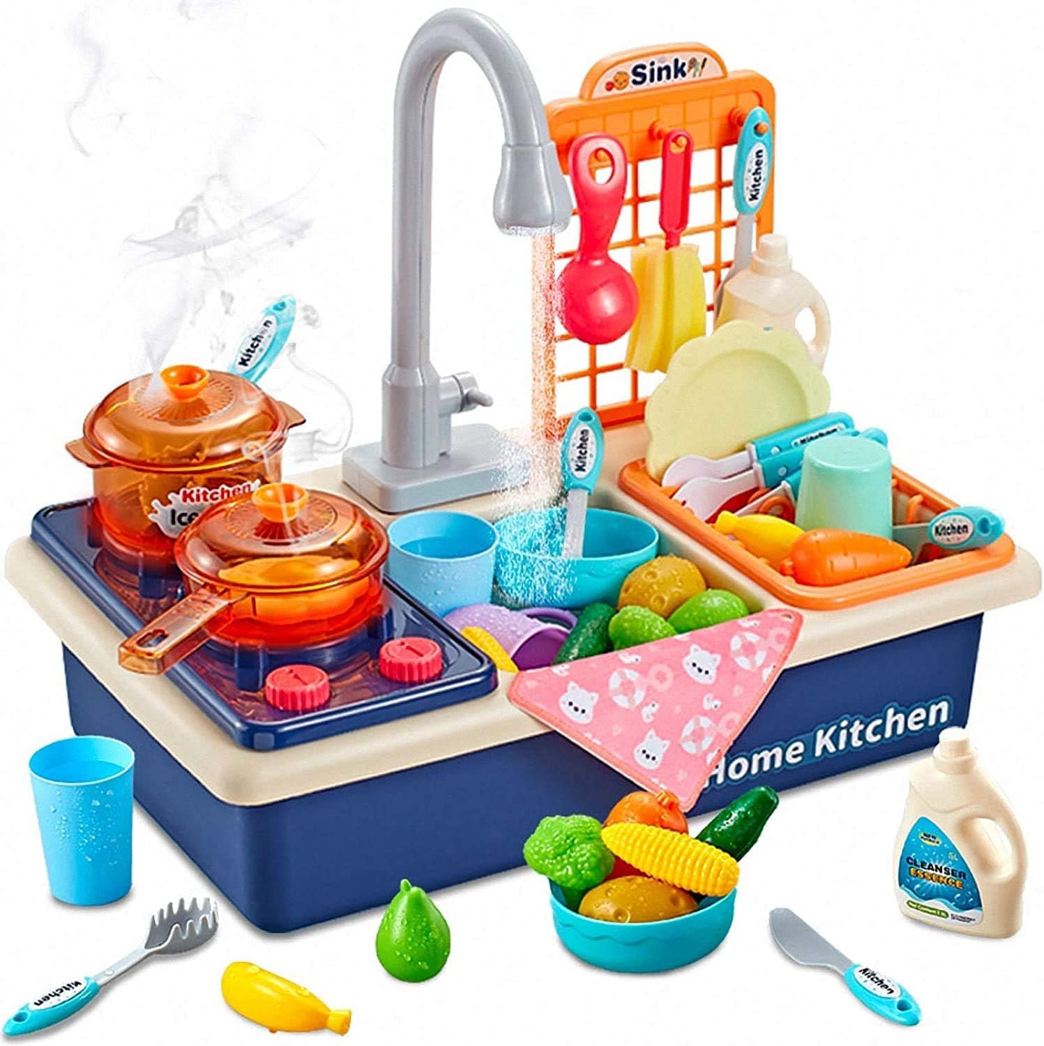Ensemble de Jouets pour évier de Cuisine pour Enfants avec Eau Courante, 28pcs évier Lavage Faisant Semblant de Jeu de rôle casseroles en Plastique Alimentaire Mini Accessoire