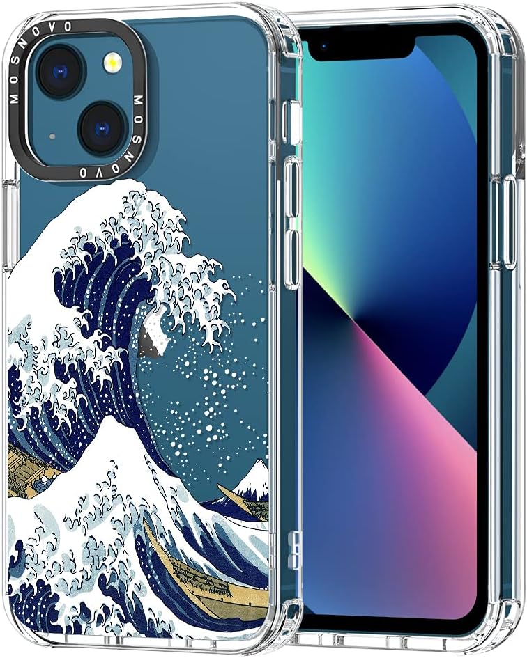 MOSNOVO Case for iPhone 13 Mini, [Buffertech 6.6ft Military-Grade Drop Protection] [Anti Peel Off Tech] Clear TPU Bumper Phone Case Cover Design - Great Wave