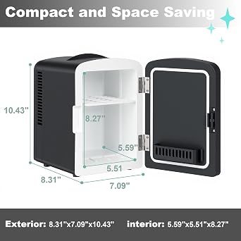 Iceblue Mini Fridge, 4 Liter /6 Cans Makeup Fridge with LED Mirror (Black)