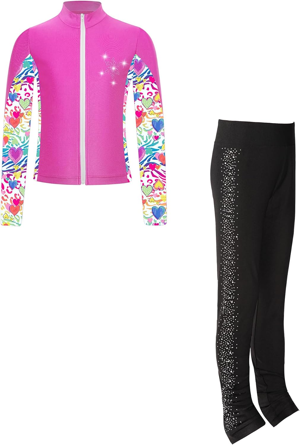 Jugaoge Kids Girls Ice Skating Outfits Long Sleeve Zipper Skating Jacket with Shiny Leggings Activewear Set