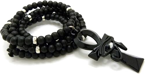 Miniatura 3 de Collar de cadena de cuentas de madera con dije de ojo egipcio de Heru en Ankh de 0.236in y 30 pulgadas en tono negro azabache, Metal, N A