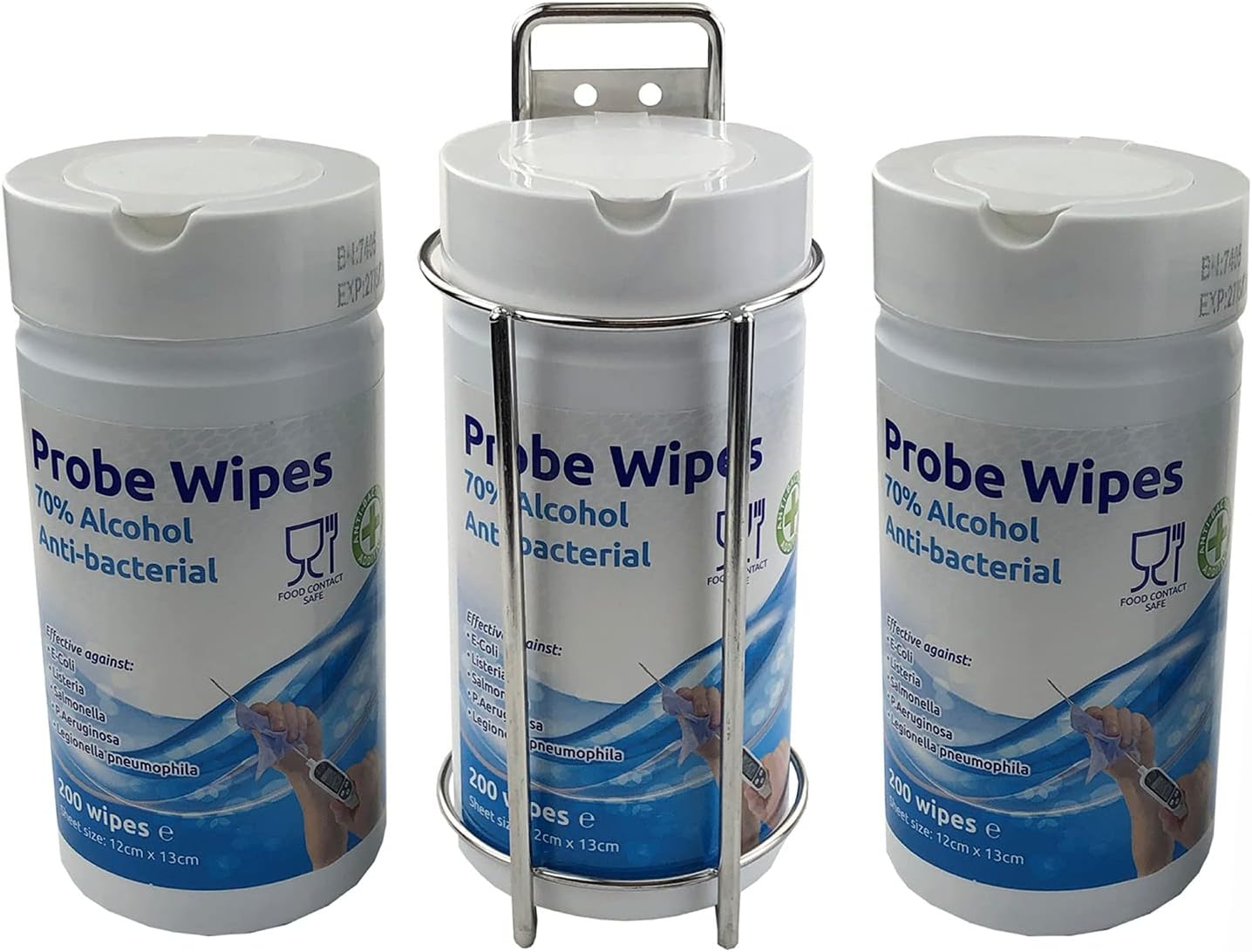 Probe Wipes Holder to With 3 Tubs of 200 Alcohol Wipes for Cleaning Surfaces and Kitchen Food Probes Ideal Bracket for Promoting Catering Food Hygiene and Safe Working