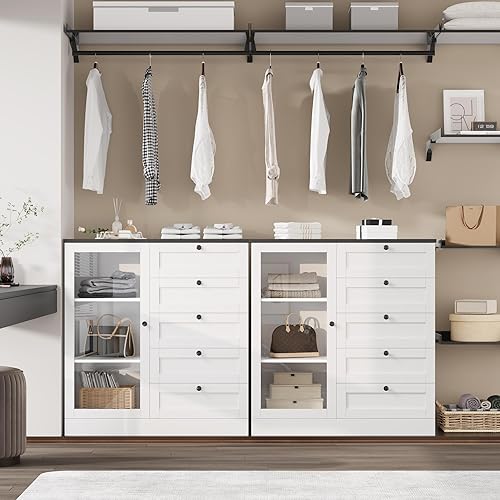 HOSTACK Cómoda de 5 cajones con puerta, armario de almacenamiento blanco con cajones y estantes, cómoda ancha de madera, moderna cómoda organizadora