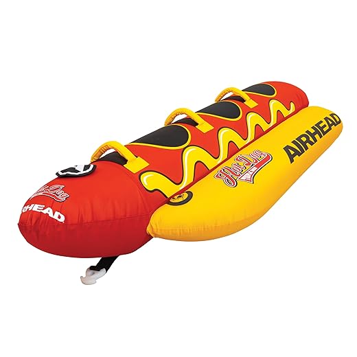 Airhead hot dog towable | 1-3 rider tube for boating and water sports, neoprene seat pads, double-stitched full nylon cover, and boston valve for convenient inflating & deflating