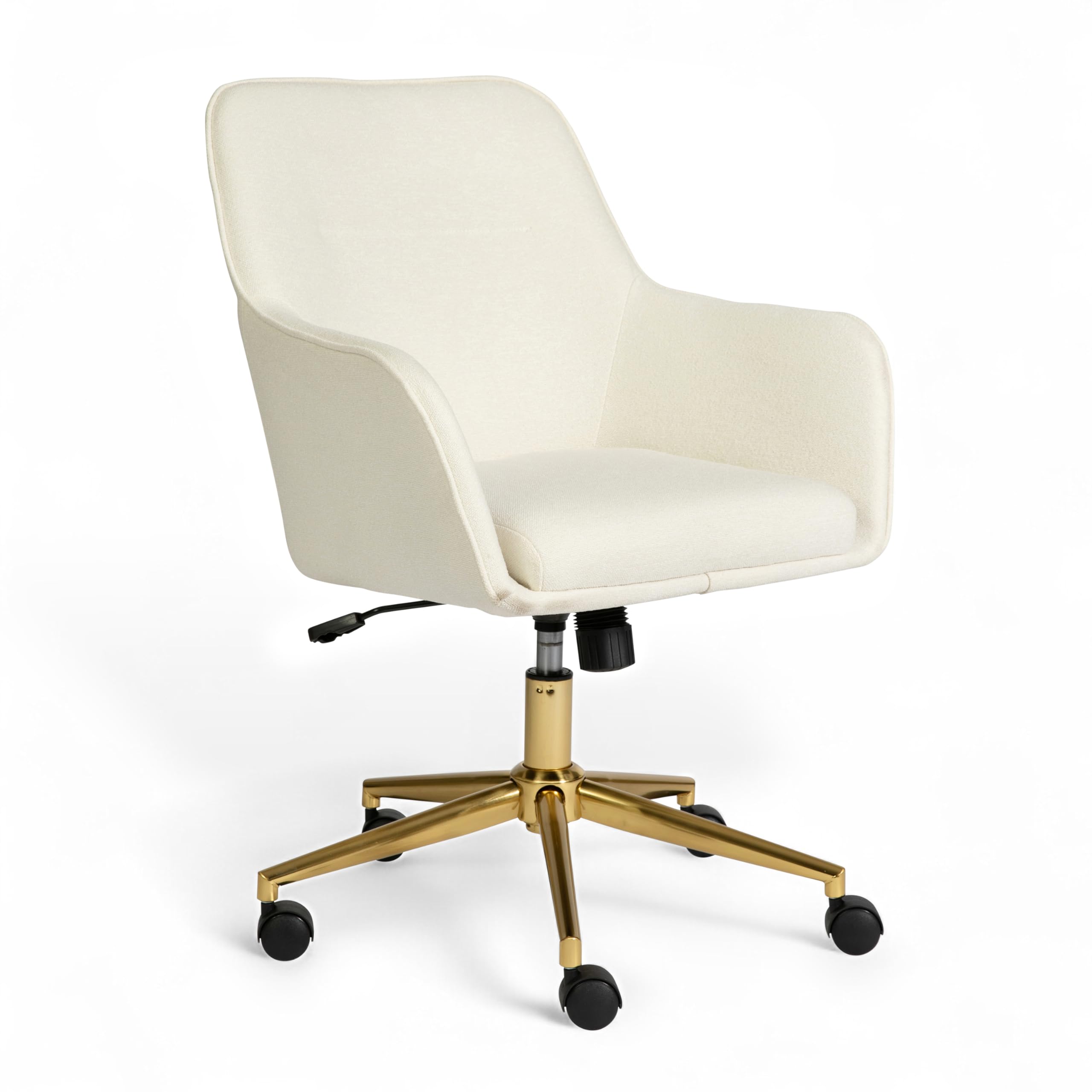 Martha Stewart Rayna Swivel Task Chair with Flared Arms for Home Office in Off White Fabric with Polished Brass Frame