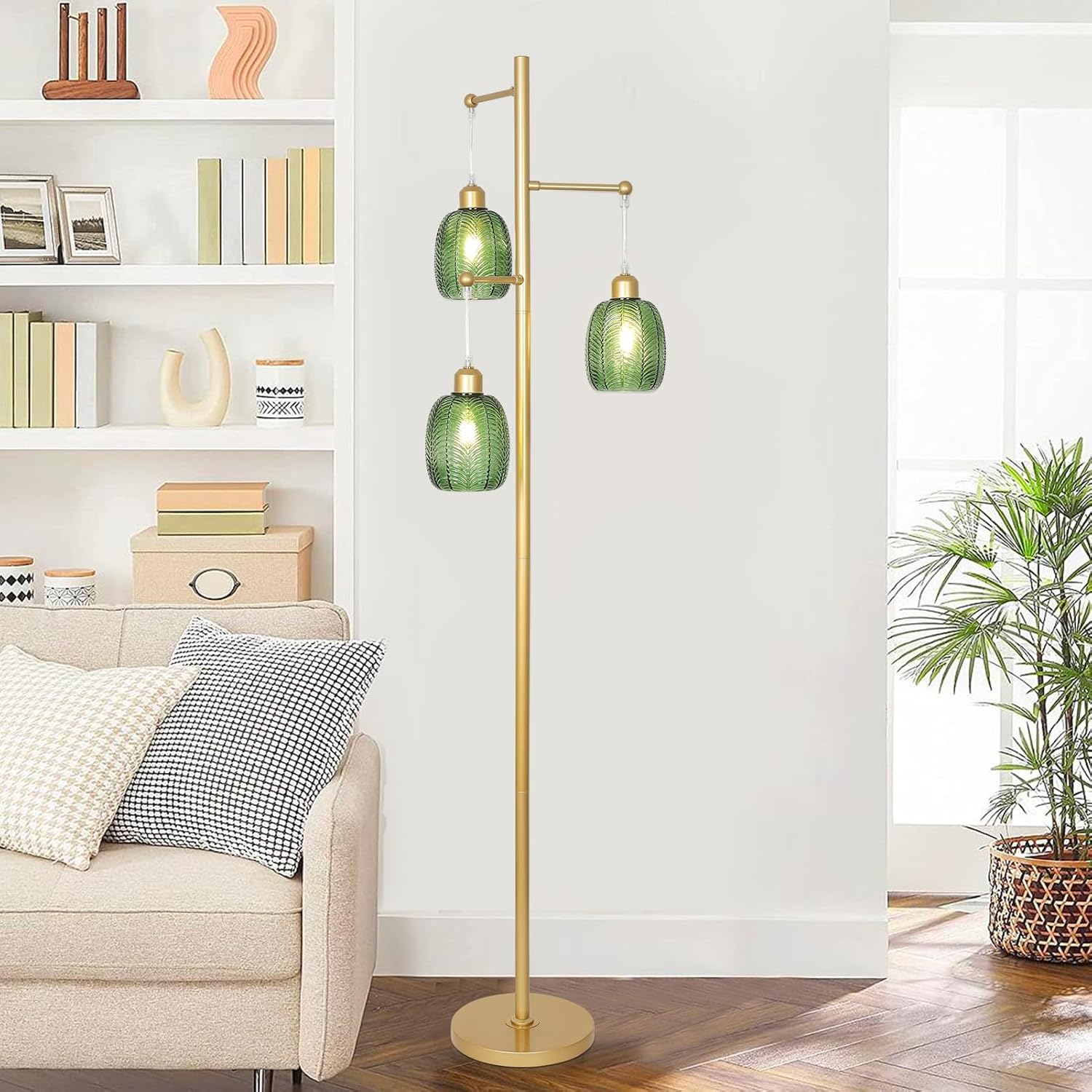 Gold Floor Lamps for Living Room, Boho Green Glass Flower Floor Lamp with 3 Led Bulb, Mid Century Modern 3 Light Brass Tall Lamps Farmhouse Standing Lamp Tree Floor Lamps for Bedroom,Office,Corner
