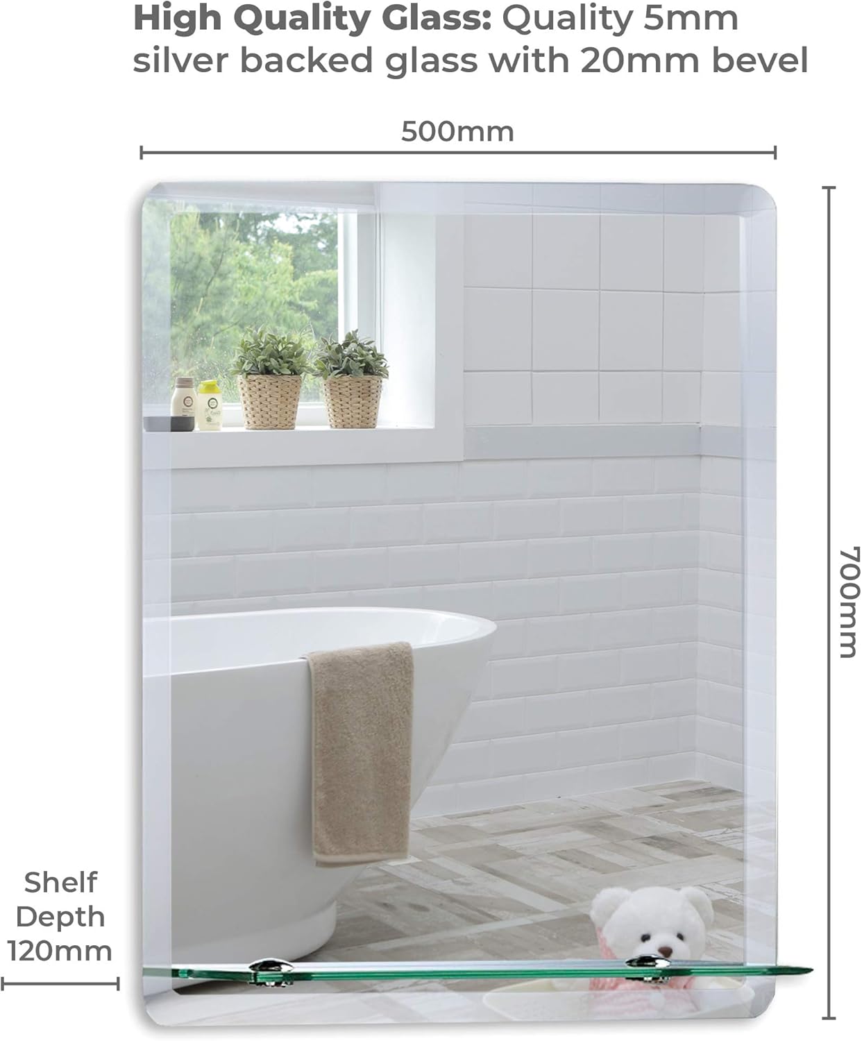 Neue Design Mood Rectangular Bathroom Mirror with Shelf, Wall Mounted, (28 x 20 inch) Frameless Modern & Stylish Design with Contemporary Bevelled Edges