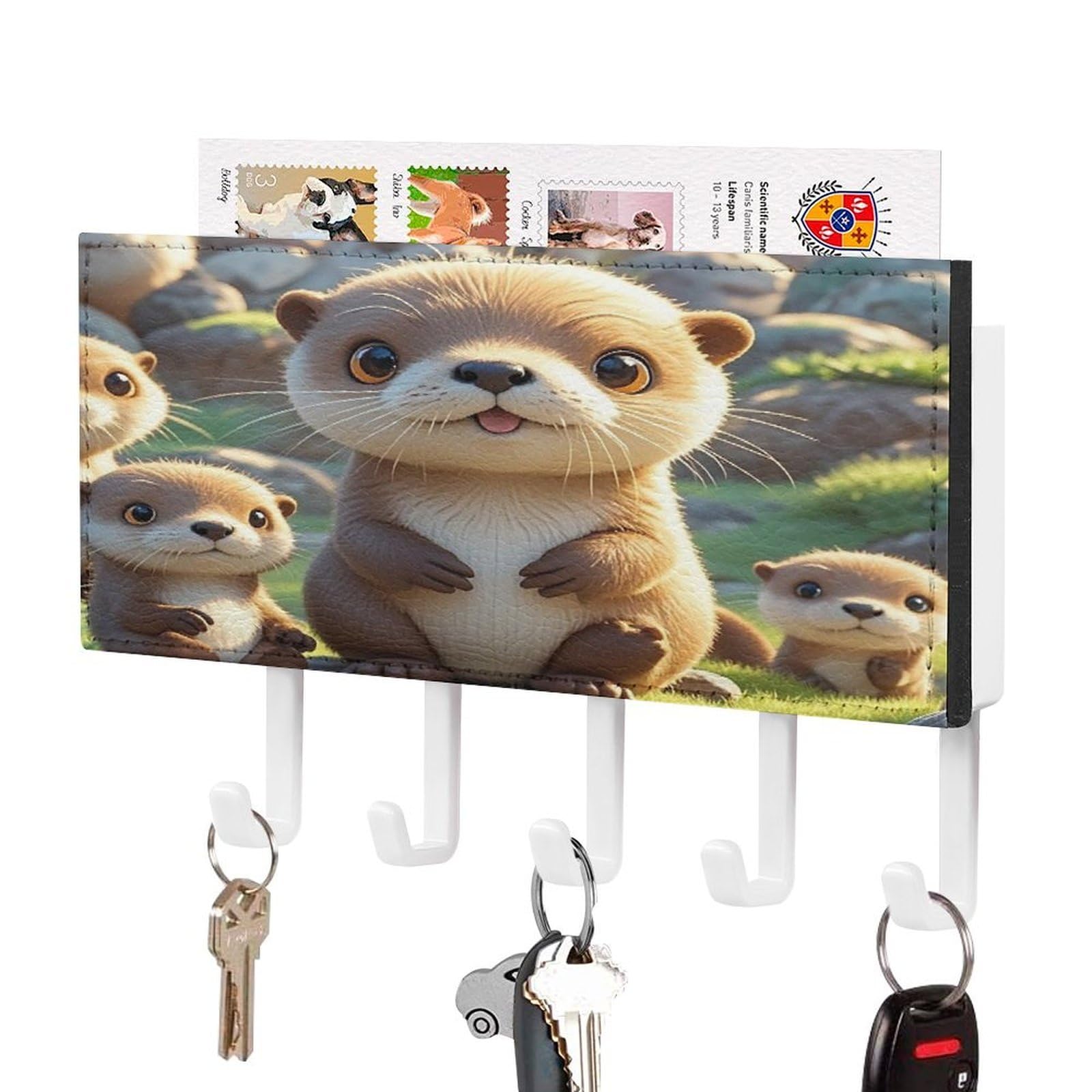 FekiLoot Cartoon Brown Otters Key Holder Wall Mount Decorative Key and Mail Holder with 5 Hooks Key Hanger Organizer Pu Key Rack Decorative Home Decor for Wall Living Room Entryway Office White-Style