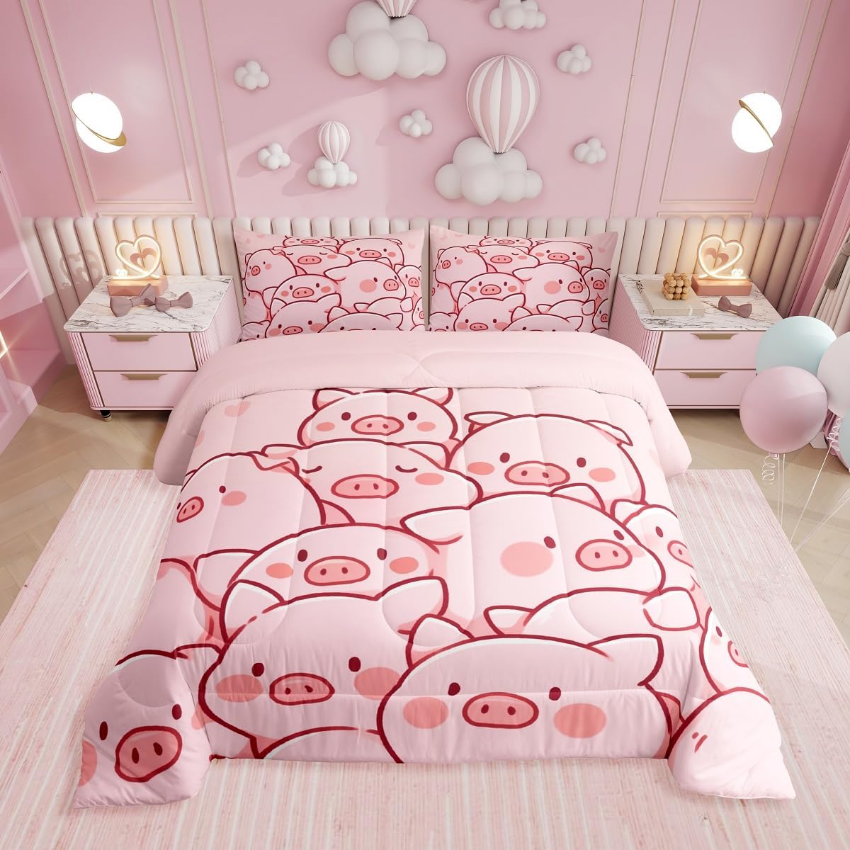 Erosebridal Kids Pig Bedding Sets Queen Lovely Cartoon Piggy Comforter Set,Girls Pink Duvet Insert Kawaii Farm Animal Quilt Comforter Girly Room Decorative,Microfiber 3 Piece for All Season