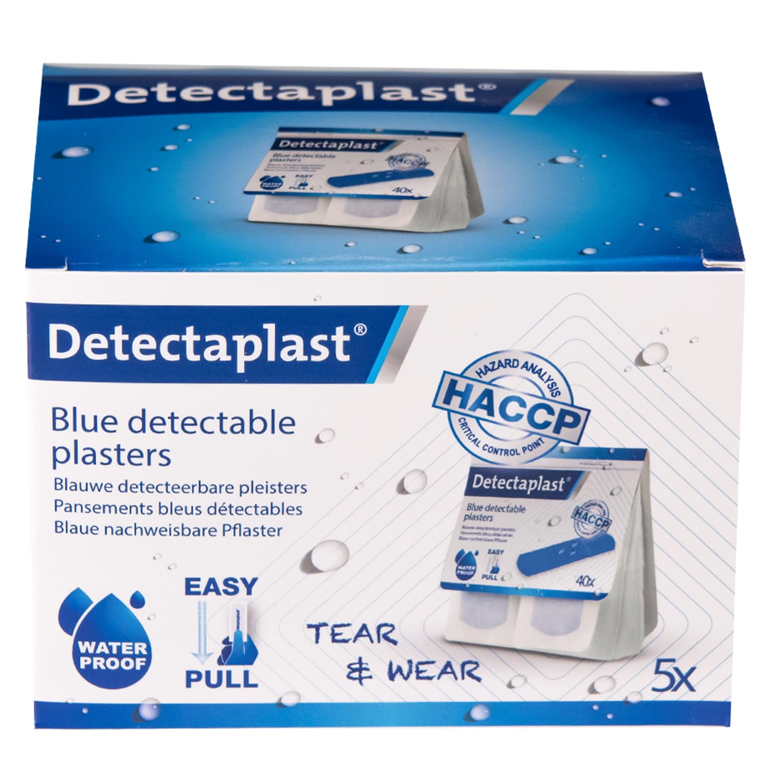 Detectaplast Pflasterspender Nachfüllset, 5 er Set Refill Packungen mit je 40 blauen und wasserfest Pflastern, 200 Wundpflaster für den Umgang mit Lebensmitteln,