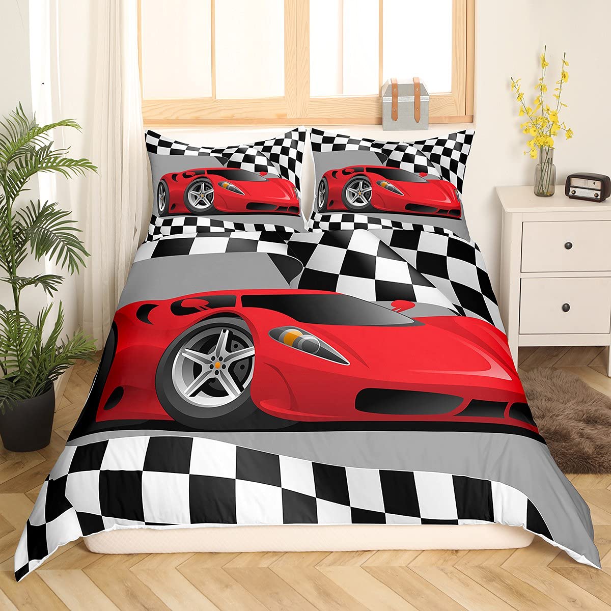 Juego de ropa de cama para coche deportivo de carreras de color rojo para niños, niñas, adolescentes, deportes extremos, funda de edredón para ropa de cama y ropa de cama y lino de color blanco y neg