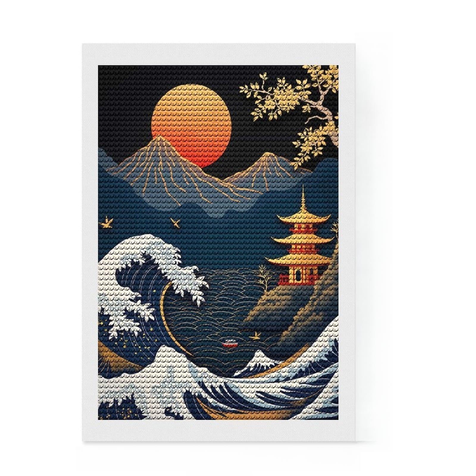 Junmoney Japanese Wave and Pagoda Diamond Painting Set 8"x12", for Women, Stress Relief Craft, Thoughtful Present, Aesthetic Room Decor