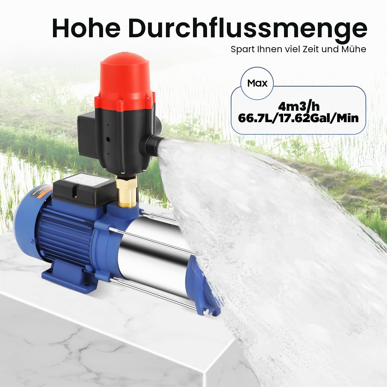 2500W Hochdruck Gartenpumpe, Zentrifugal Wasserpumpe mit Druckschalter, 66.7L/Min Edelstahl Jetpumpe, 230V Selbstansaugend Kreiselpumpe, Max Förderhöhe 100m, IP44 Schutzgrad, für Bewässerung Teich Hof