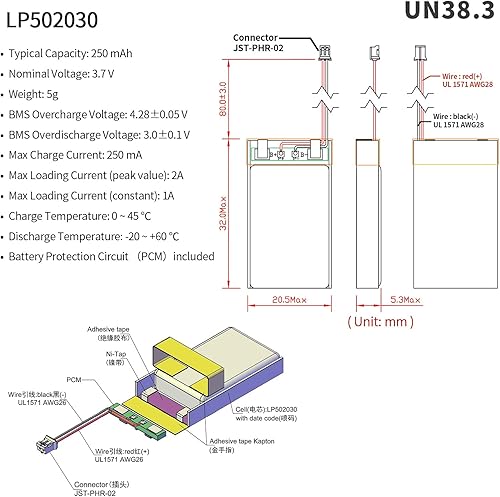 Miniatura 9 de EEMB Batería de polímero de litio de 3.7 V 250 mAh 502030 Lipo Batería recargable con conector JST de cable para VXI Blue Parrott - Confirma la