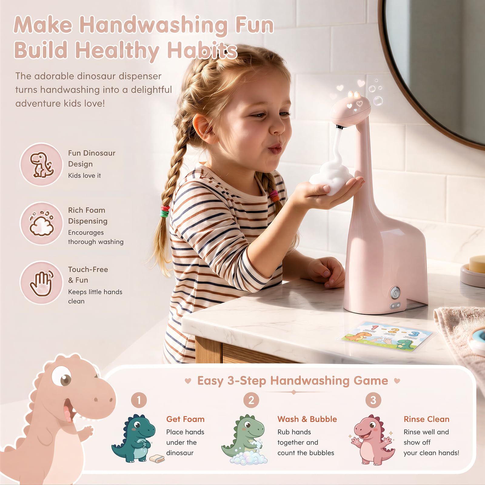 Dispenser automatico di sapone a forma di dinosauro, senza contatto, ricaricabile, 300 ml, schiuma regolabile a 3 livelli, impermeabile IPX5, per bagno, cucina, hotel, ristorante, rosa