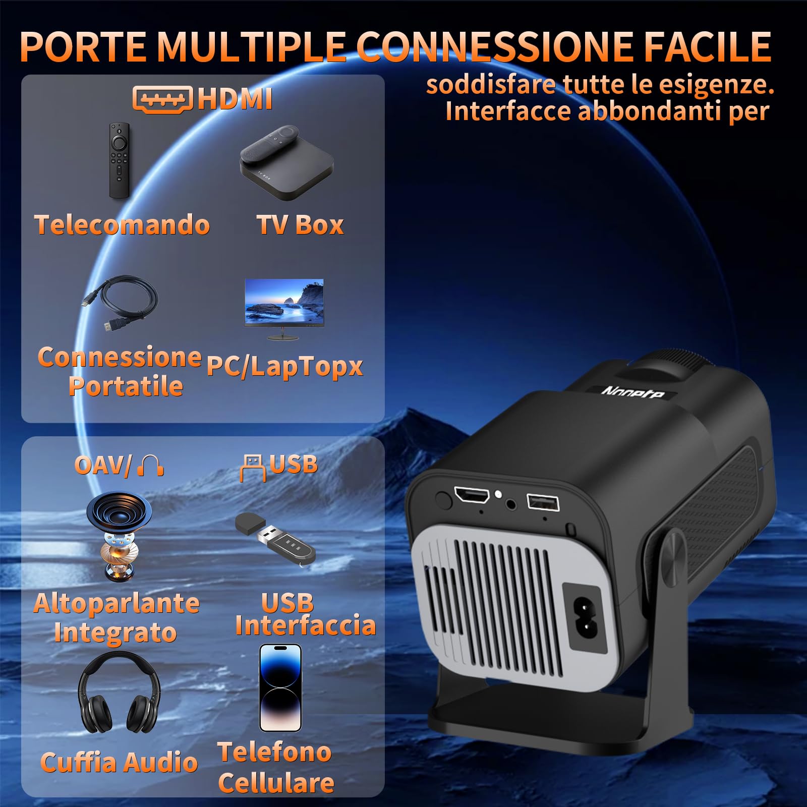 [App integrata] Proiettore Portatile 1080P 4K con WiFi 6 Bluetooth 5.2, Mini Proiettore Portatile Android Supporta Rotativo a 270°, Auto Keystone, TV Stick/USB/HDMI/PC con Cavo HDMI & Mouse, Nero