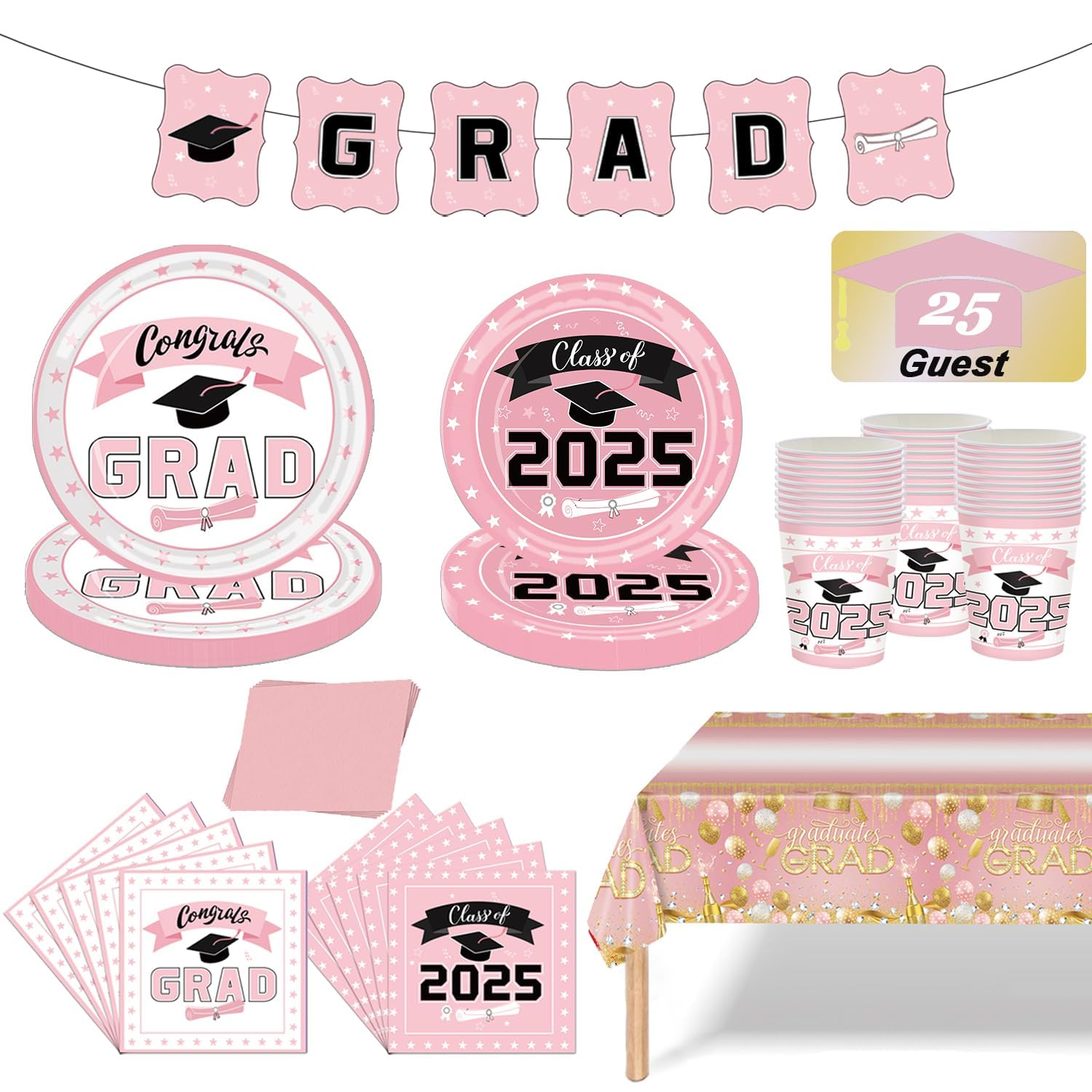 Graduation Party Tableware Set,2025 Graduation Party Decorations for 25 Guests,Pink Disposable Plates ,Napkins, Cups, Tablecloth,Banners -Class of