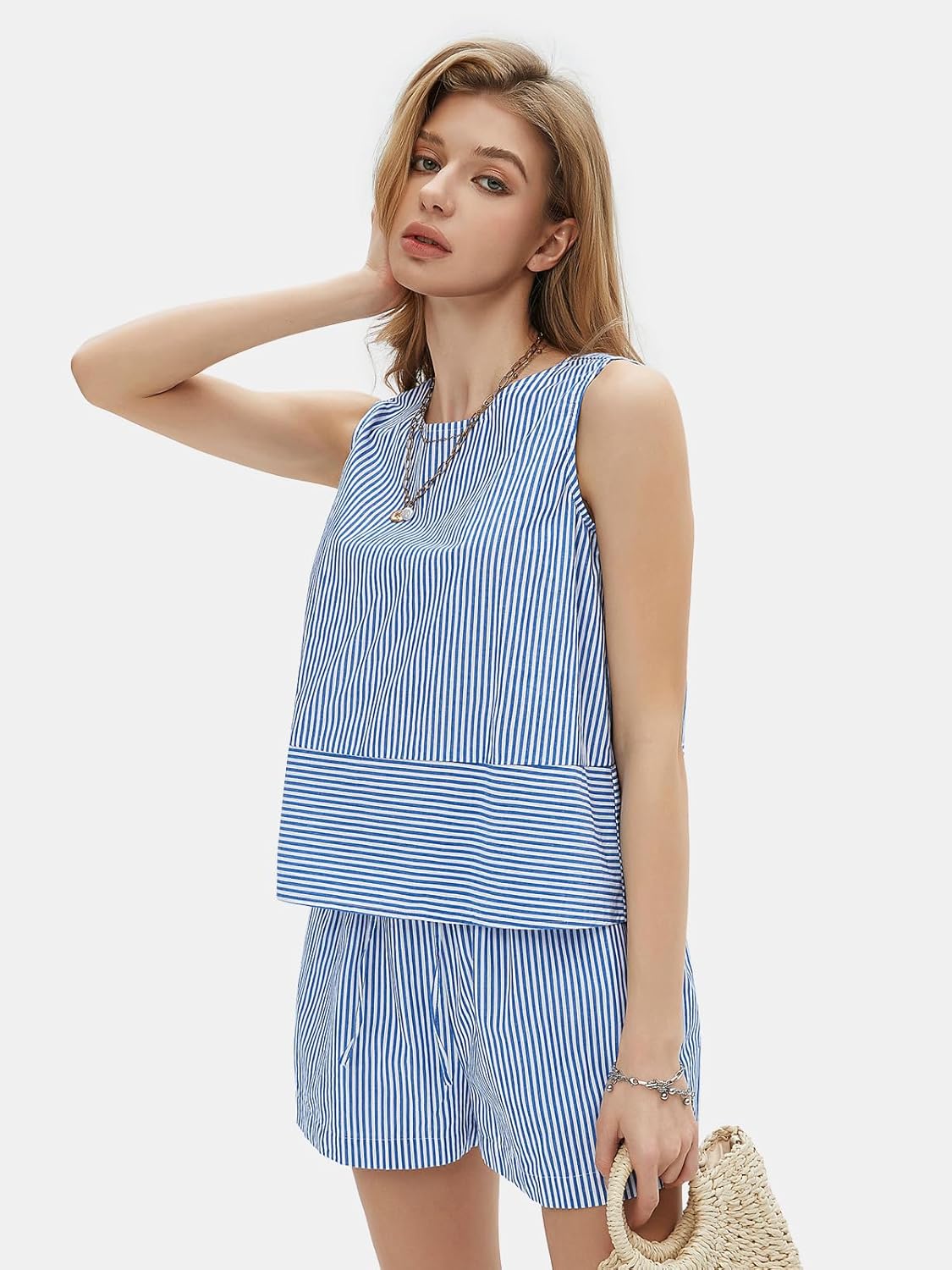 EXLURA Womens 100% Cotton Summer 2 Piece Outfits Sleeveless Tank Tops Matching Shorts Sets Striped Cruise Beach Vacation 2026 - Image 4