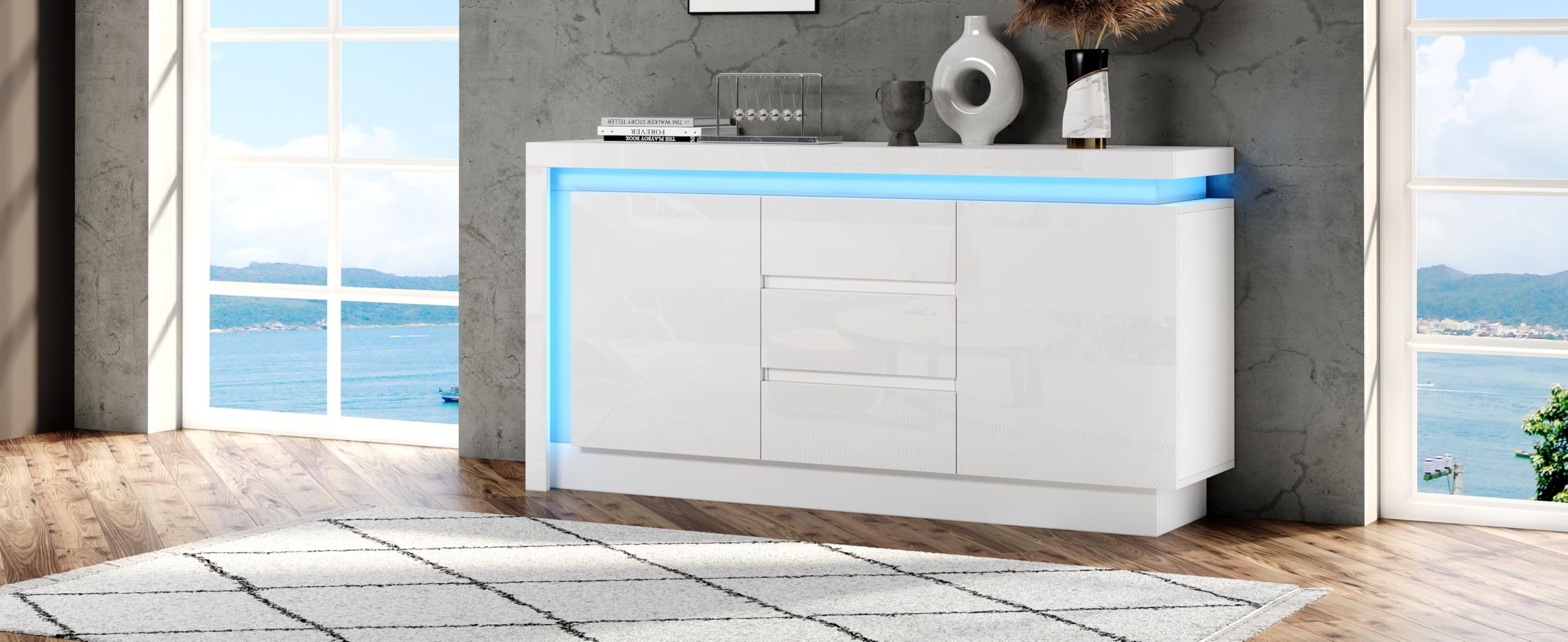 BTM 140x35x72cm Sideboard,Kommode für das Schlafzimmer, Wohnzimmer,Beistelltisch mit 3 Schubladen,Schrank mit verstellbaren Einlegeböden und 2 Türen, Hochglanz Sofa Beistellschrank mit LED, Weiß