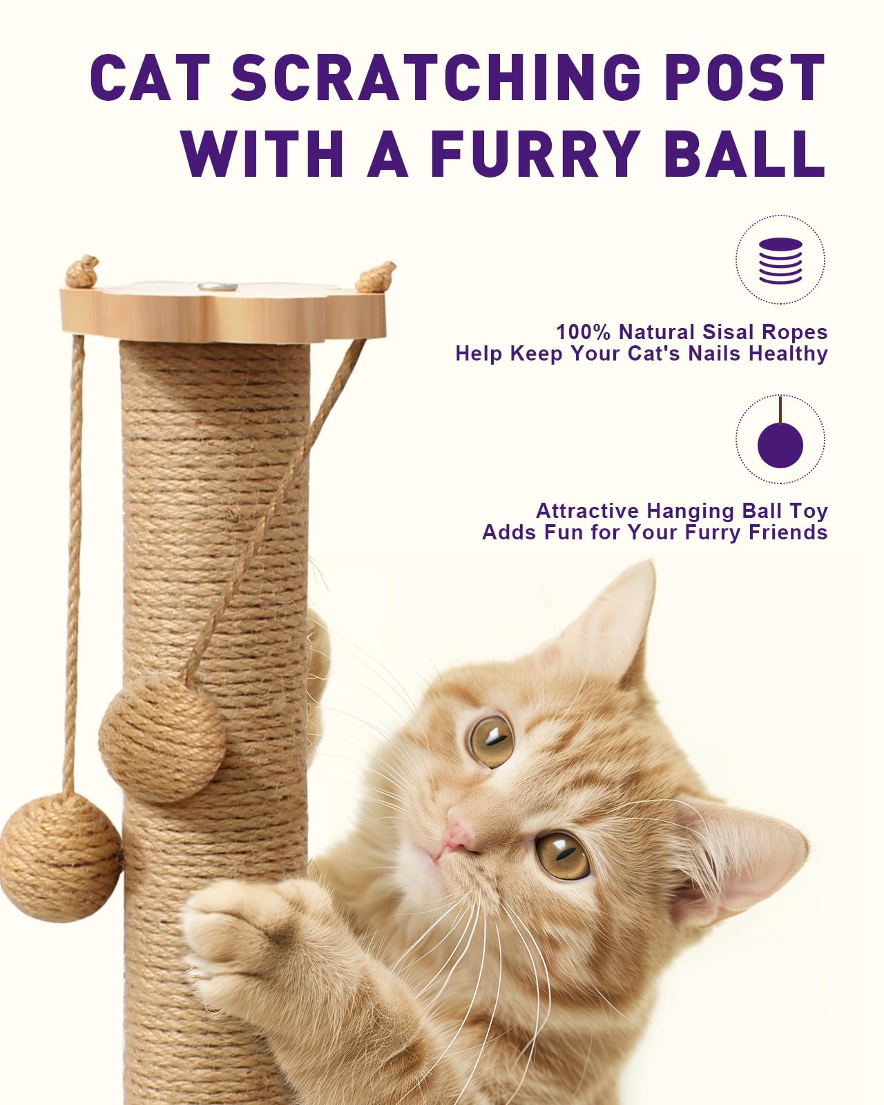 Multifunctional Cat Scratching Post Scratching Post for Indoor Cats with Widened Solid Wood Base, Two Sisal Rope Balls, Interactive Track & Spring Feather Toy, 43cm Tall. - Image 4