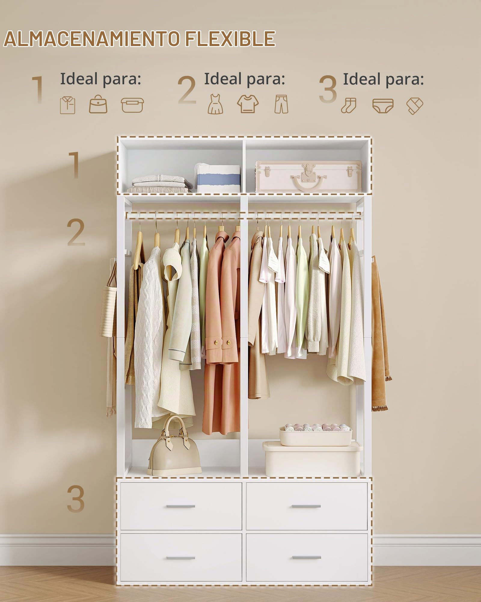 Hzuaneri Armario, Armarios Dormitorio con 4 cajones de Madera, Estante de Almacenamiento Superior, Construcción de Hierro y Madera, Adecuado para Walk-in Closet, 43 x 100 x 185 cm, Blanco BW06603W