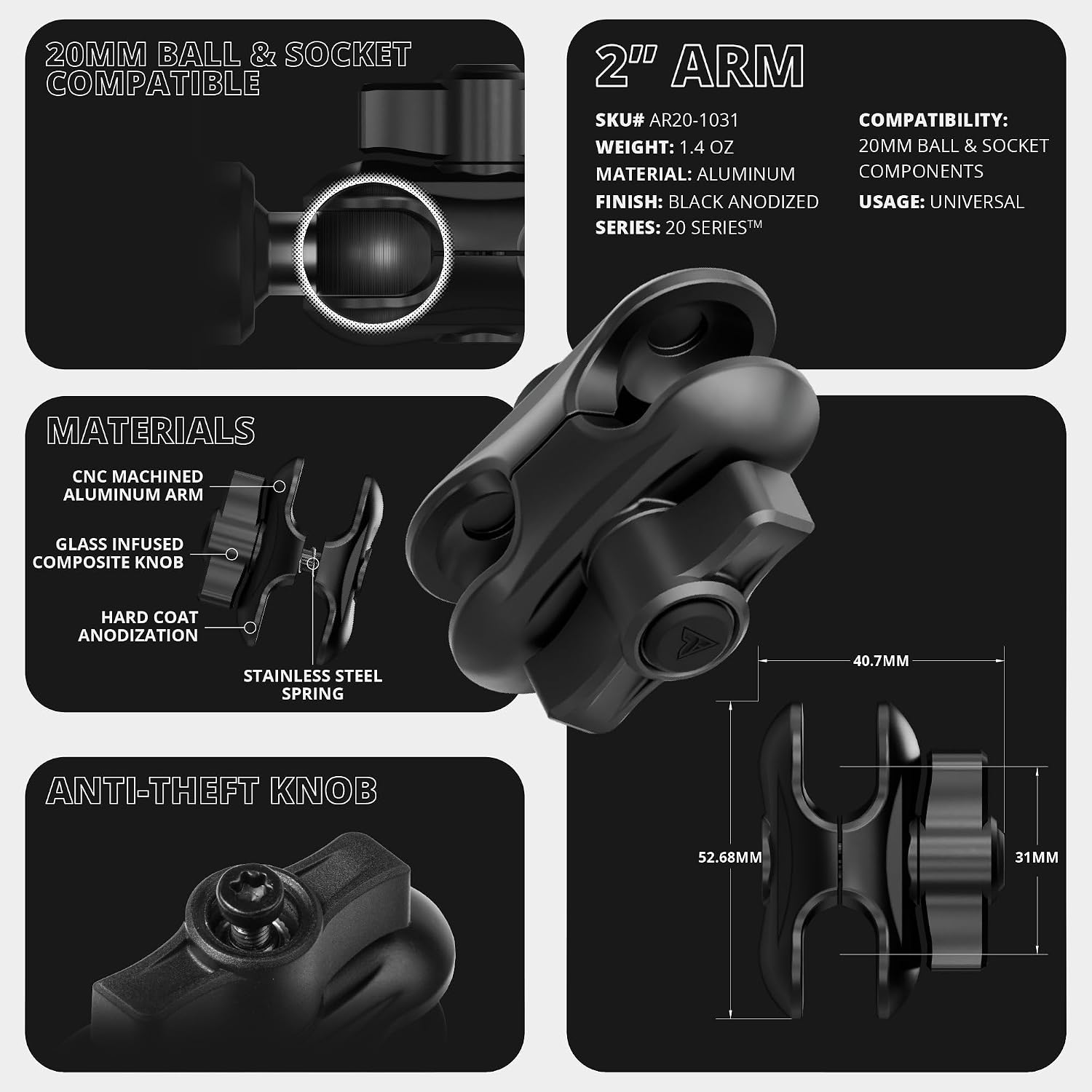 Tackform DURALOCK 20mm Ball and Socket Arm 2.3” Extension/Dropdown Kit - Medium Reach | 6061-T6 CNC Billet Aluminum | NOT Compatible with 1" / B Sized Systems | Black Knob