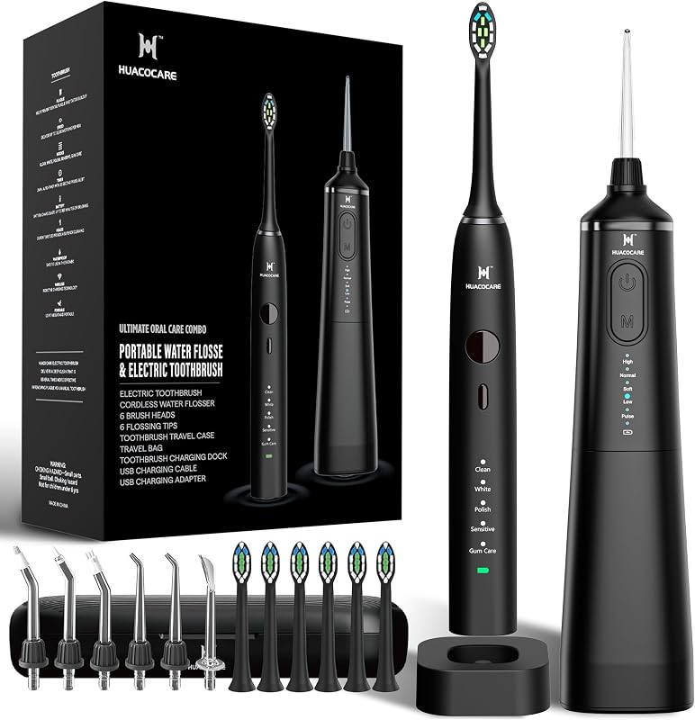 Kit de cuidado dental profesional mejorado: hilo dental de agua de 5 modos y cepillo de dientes eléctrico sónico de 50 000 VPM | Juego de limpieza bucal premium con modos de limpieza mejorados, tanque más grande y diseño refinado para una salud avanzada de las encías