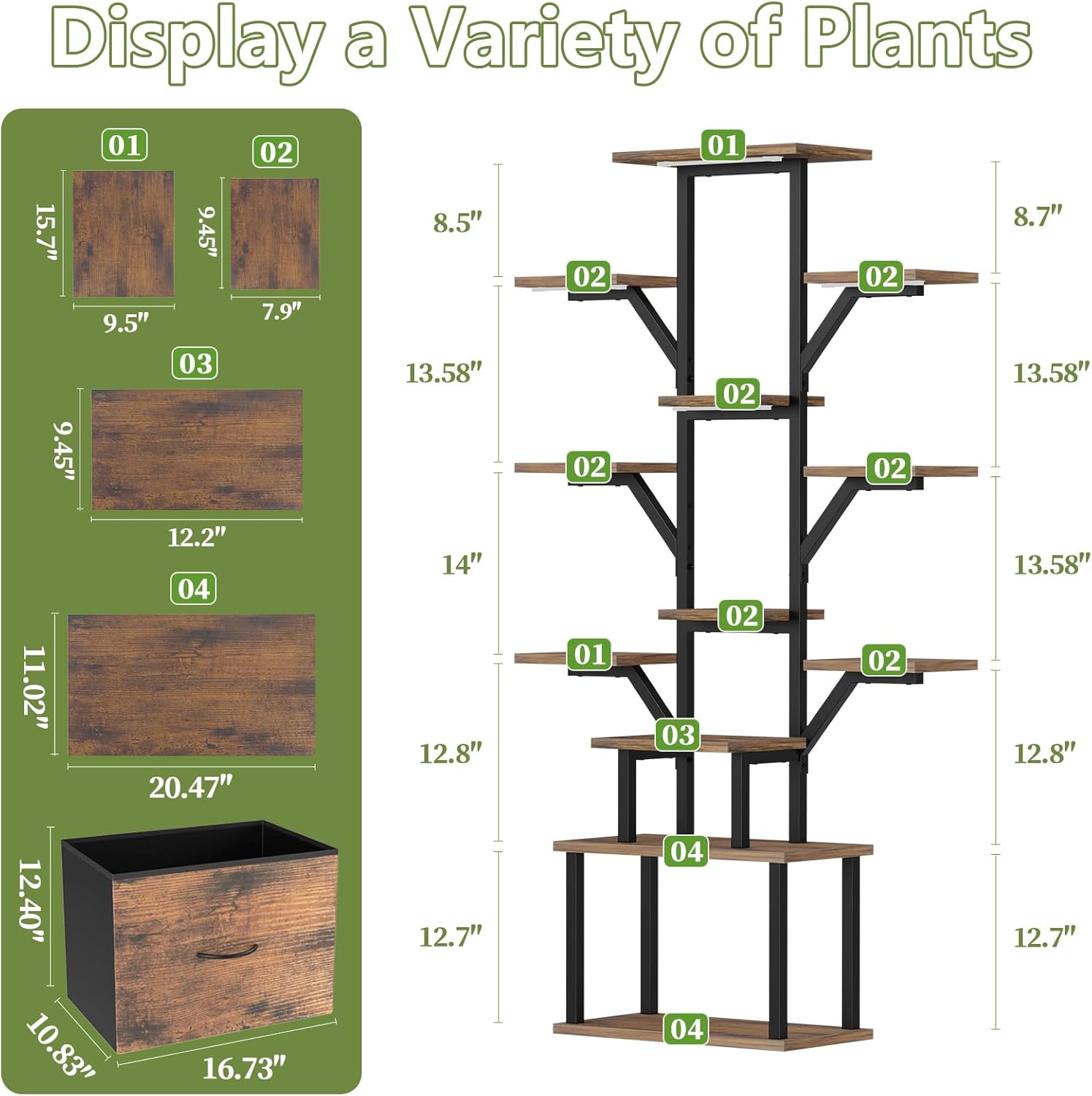Plant Stand Indoor with Grow Lights - 12 Tiered Metal Plant Shelf with Drawer, 65" Large Plant Stand for Indoor Plants, Holds 16 Plant Pots, Flower Holder Plant Rack for Living room, Patio, Bedroom