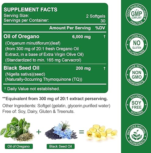 Miniatura 7 de Nature's live Oil of Oregano with Black Seed Oil, 2 in 1 Oregano Supplement for Immune Health, Retains High Concentrated Carvacrol & Thymoquinone,