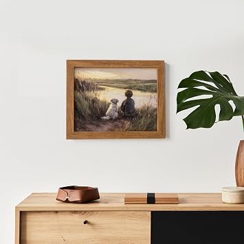 JolyWell Framed Boy Fishing Wall Decor Painting, fall wall art Dog and Boy Landscape Canvas Vintage Country Farmhouse Prints Artwork for Bedroom Living Room 10x8 inch