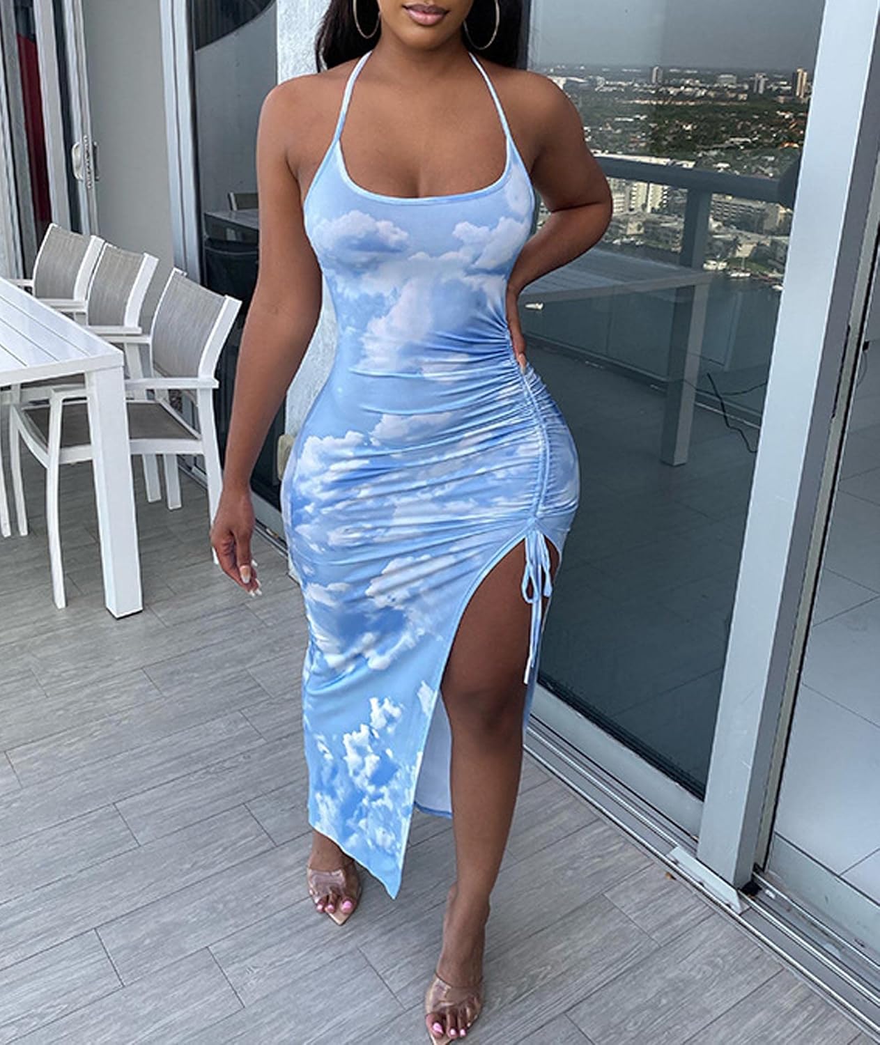 xxxiticat Women's Tie Dye Slit Maxi Dress Sleeeveless Halter Neck Sky Blue Color Block Drawstring Ruched Bodycon Dresses Medium Blue