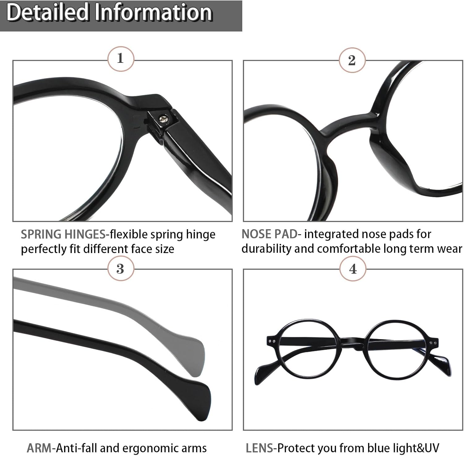 Kerecsen 6 Pack Vintage Round Reading Glasses for Women & Men Blue Light Blocking, Spring Hinge Design, Reading & Office Use - Image 3