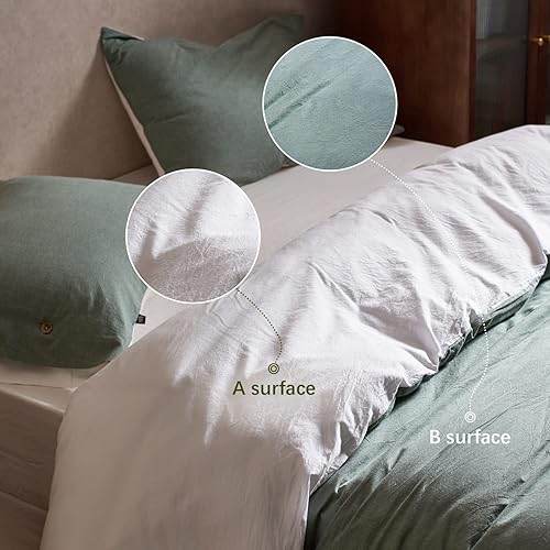 Miniatura 2 de MILDLY Juego de funda de edredón reversible 100% algodón lavado, color blanco y verde, tamaño Queen, diseño casual, suave, 2 fundas de almohada + 1
