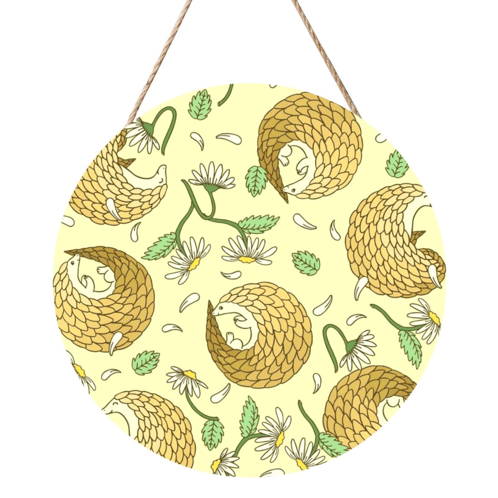 InOmak Pangolins And Daisies, Round Wood Panel Painting 12 in, Wall Hanging Painting For Home