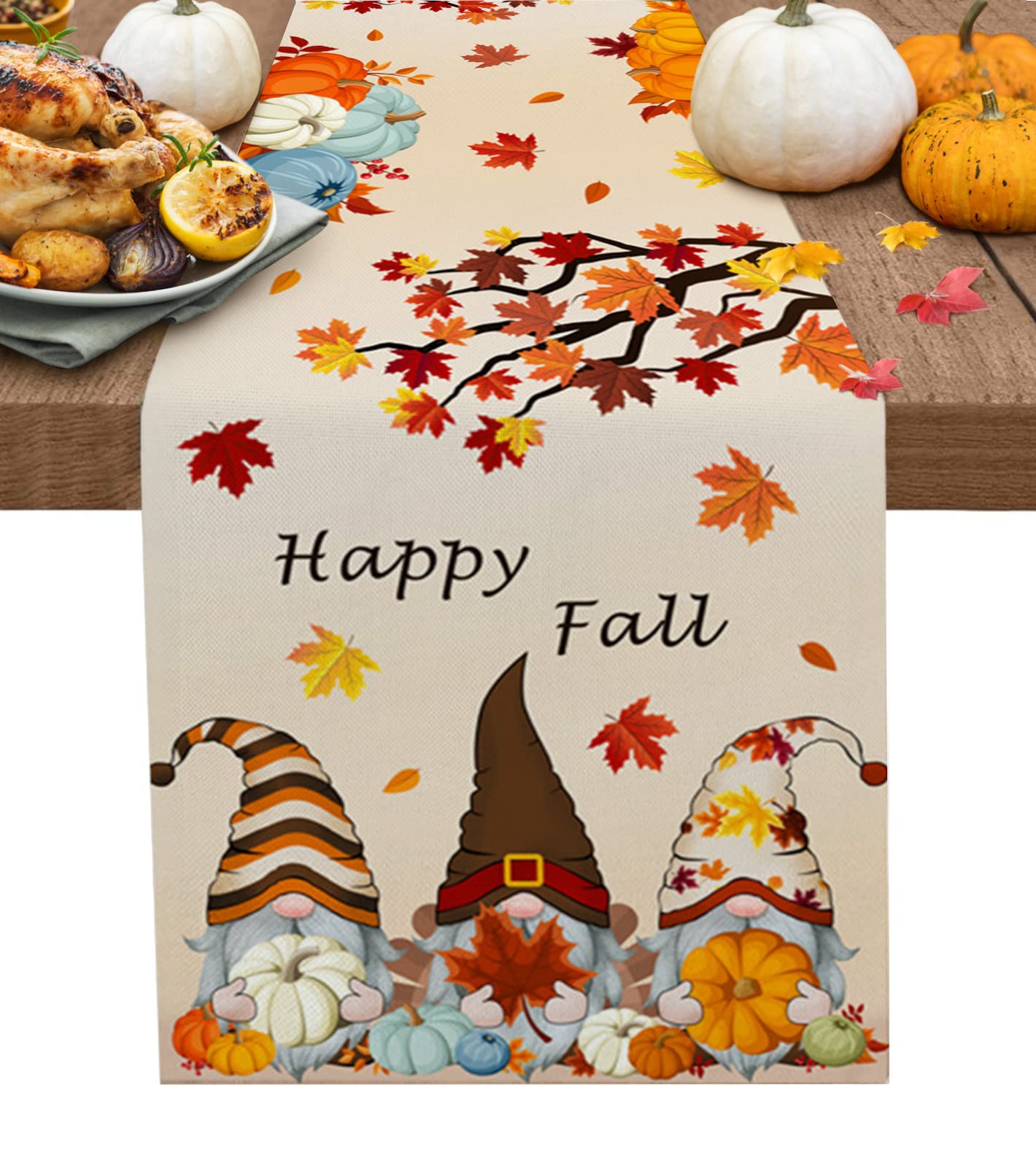 Fall Table Runners Pumpkin Gnome Thanksgiving Runners for Dining Tables Maple Leaf Dinner Runner Kitchen Party Table Decoration 13" x 120"