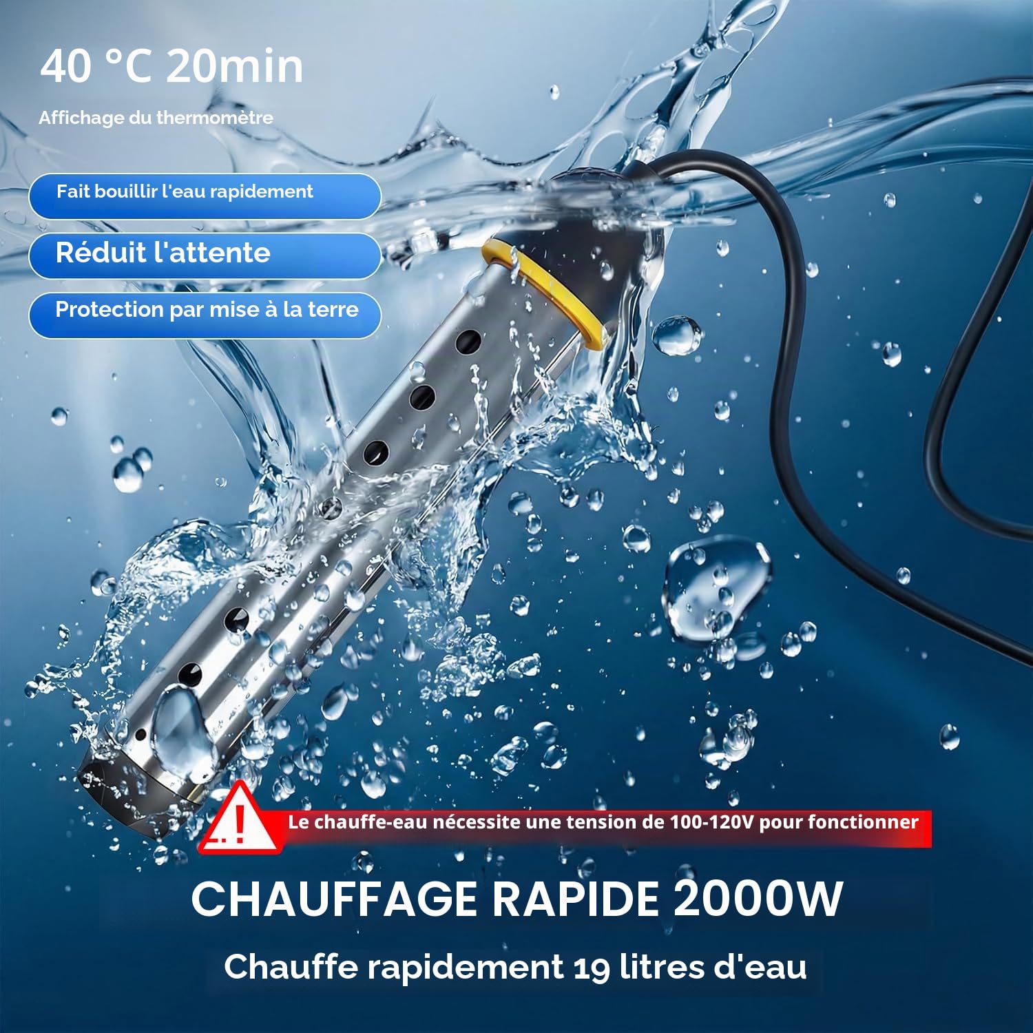 Douche portable pour camping avec chauffe-eau à immersion, pompe de douche rechargeable 6000 mAh avec écran LED intelligent, pompe de douche de camping en plein air pour randonnée, voyage, lavage de