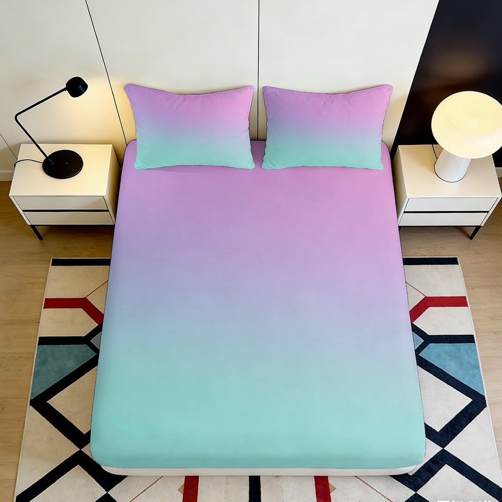 3D Printed Purple Gradient Fitted Sheet Microfiber Soft Breathable Mint Ombre Bed Cover for Bedroom Dormitory Guest Room Mattress Protection Decor 160x200x25cm