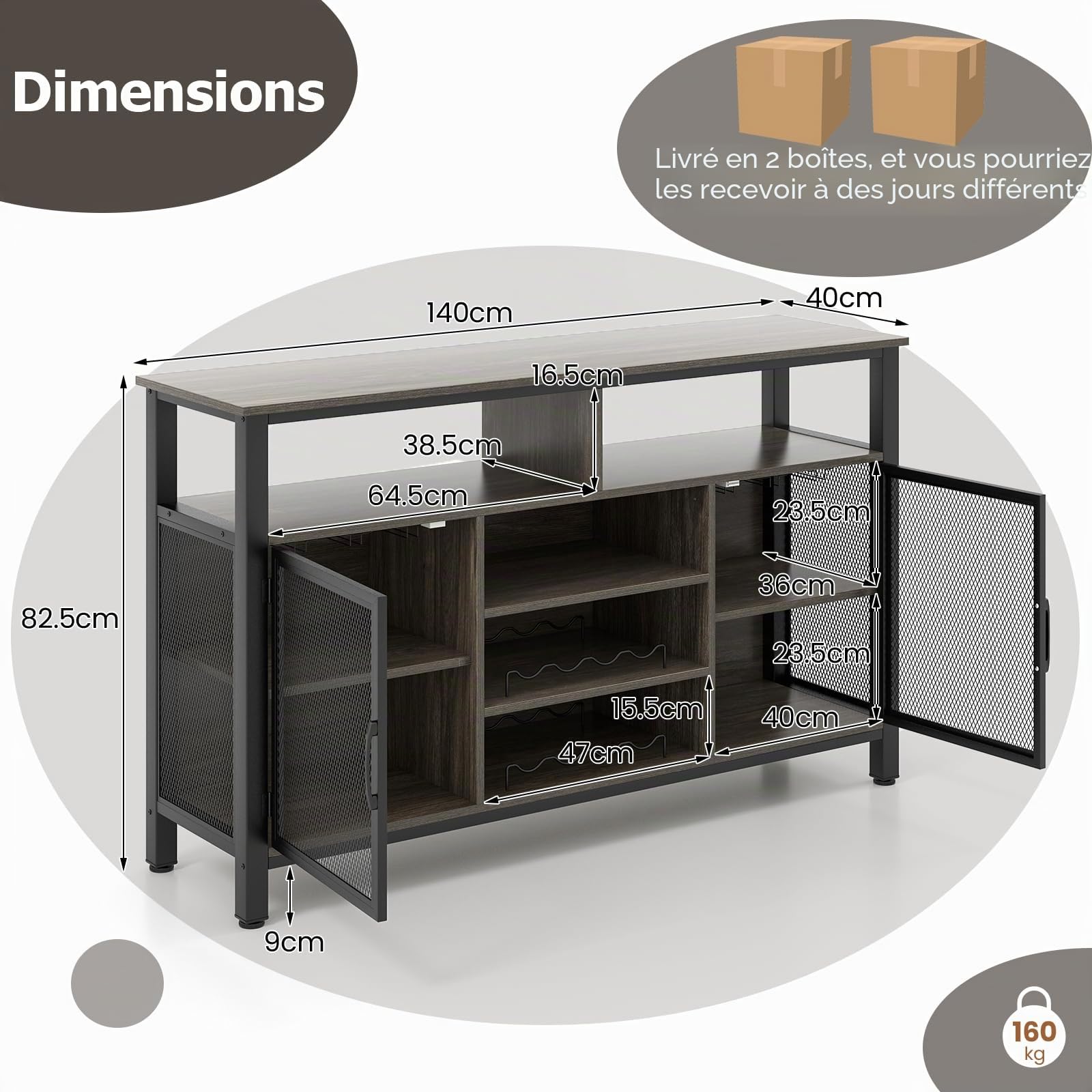 KOMFOTTEU Buffet Salle a Manger Multifonctionnel, Gris + Noir
