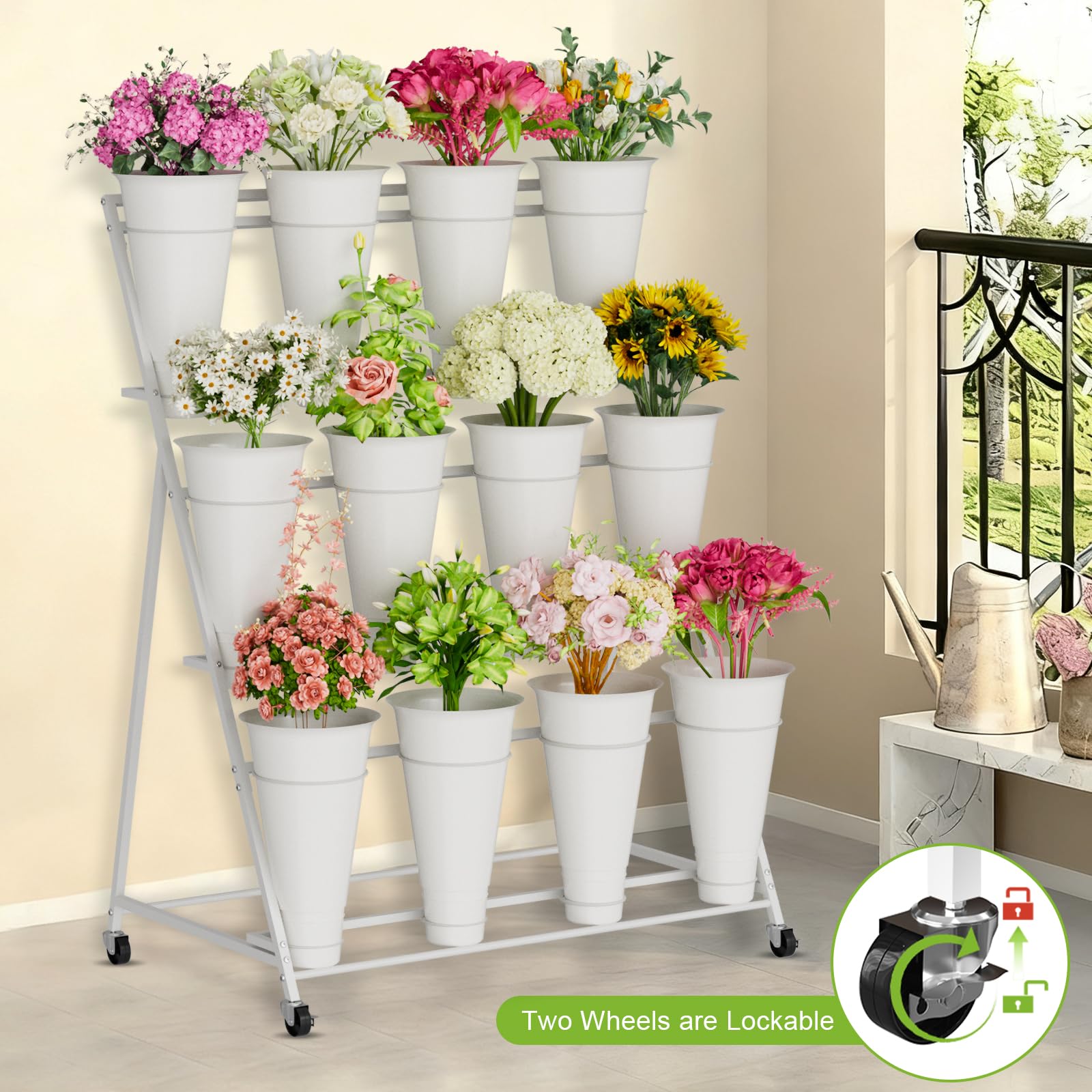 Espositore per fiori a 3 livelli con 12 secchi, doppio cerchio senza agitazione, carrello per fiori da esterno con ruote per casa, patio, giardino, negozio, matrimoni, feste, mostre, interni, bianco
