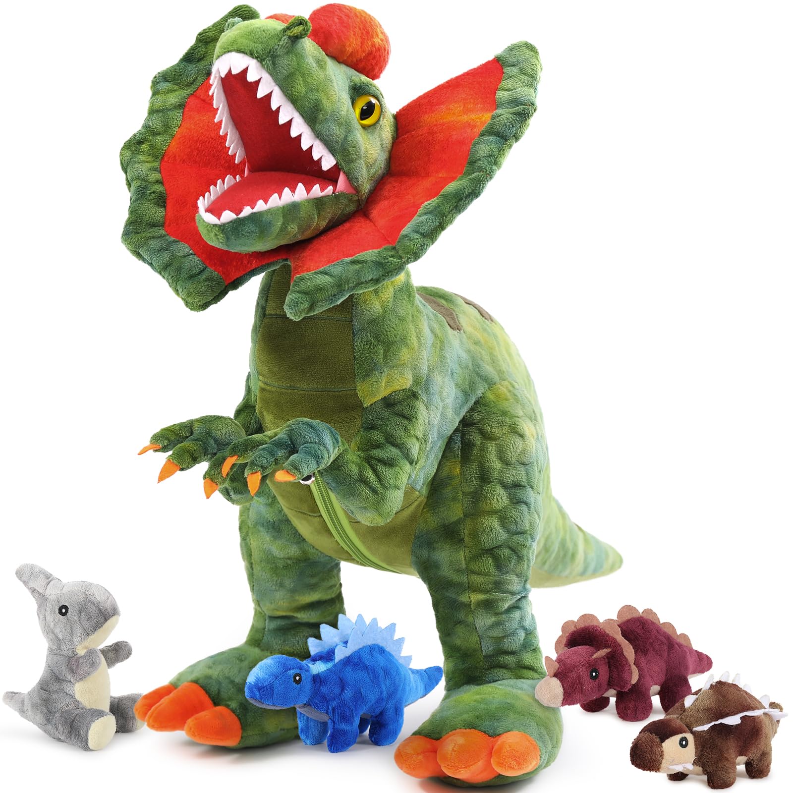 MorisMos Plush Dinosaur Stuffed Animal with Babies,18'' Giant Mommy Stuffed  Dilophosaurus with Baby Dino Plushies Inside Belly,Boy Girl Dinosaur