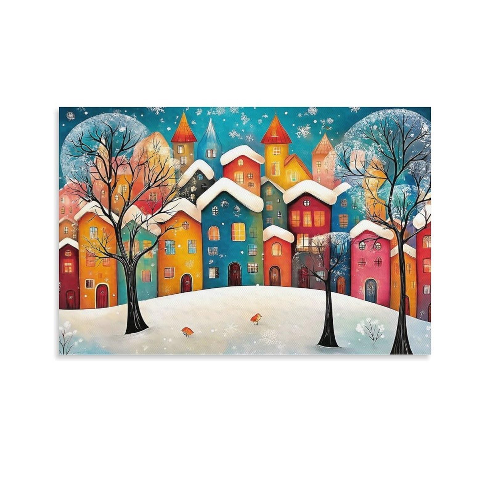 CPLVKWRQJ Winter Village Scene Individual Snowy Town Wall Art Decor - Office Wall Focal Art Multi-Purpose Fade Resistant Decor 12x18inch(30x45cm)