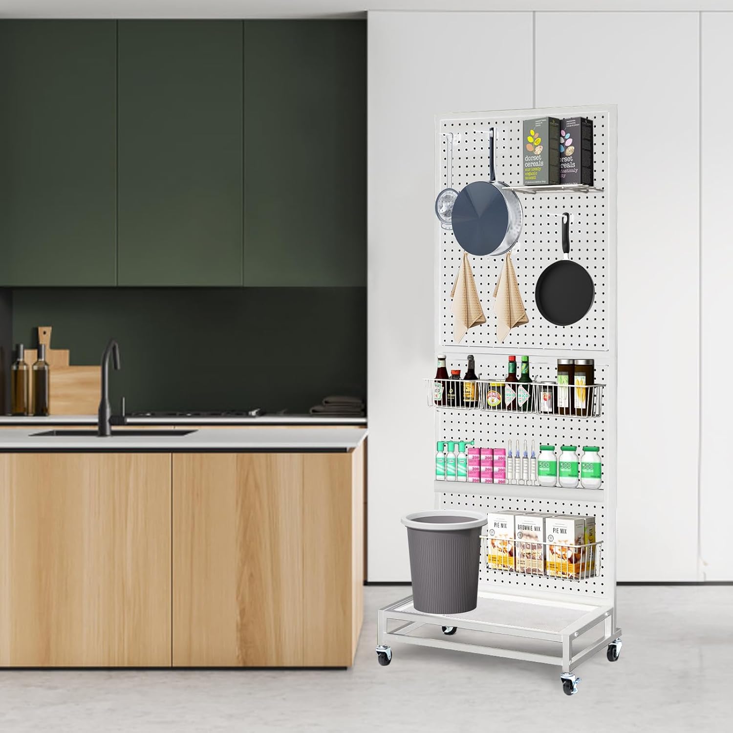 Metal Pegboard Display Stand with Base Plate, Two Separately Pegboard Panels, 2'x 5' Standing Pegboard Display with four Wheels, Peg Board Display Rack, Extra 30 pieces Hooks (White)