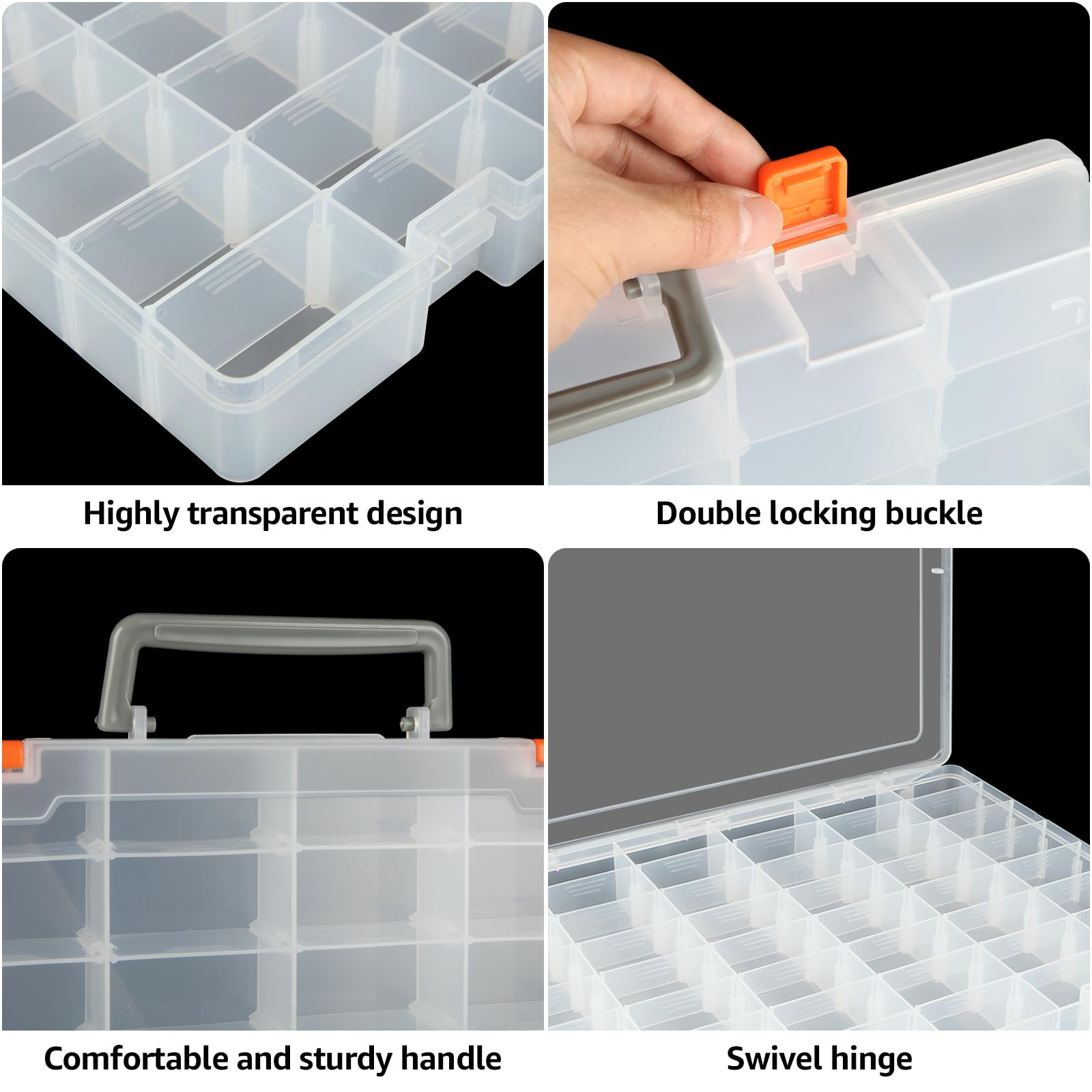 Confezione da 2 scatole organizer in plastica trasparente a 48 scomparti con divisore rimovibile, organizer per perline e oggetti, per perline, unghie, gioielli, artigianato fai da te