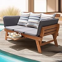Idzo Amelie Convertible Eucalyptus Outdoor Sofa - 750lbs Capacity Patio Couch, FSC Wood, Folding Arms, Tray, 3 Pillows - Gray