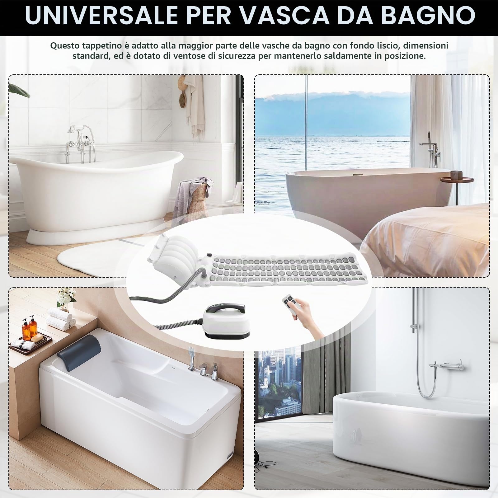 Tappetino per Vasca Idromassaggio, Spa Gonfiabile Idromassaggio 6 Livelli di Intensità Tappetino per Vasca con 114 Getti e Cuscino Accessorio per Bagno Idromassaggio