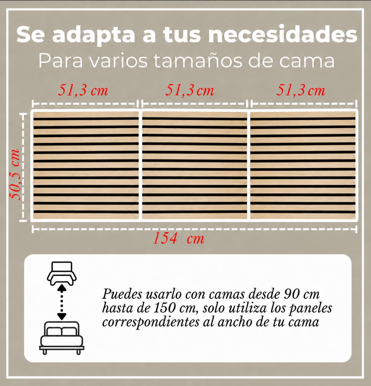 3 Piezas Componen 1 Cabecero de Cama + 12 Tornillos | Cabecero Cama con 2 Posiciones de instalacion | Cabecero Listones Madera | Cabeceros de Madera | Color Tinte Blanco
